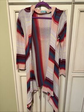 Goddis Multi-Color Striped Open Front Hooded Sweater Cardigan